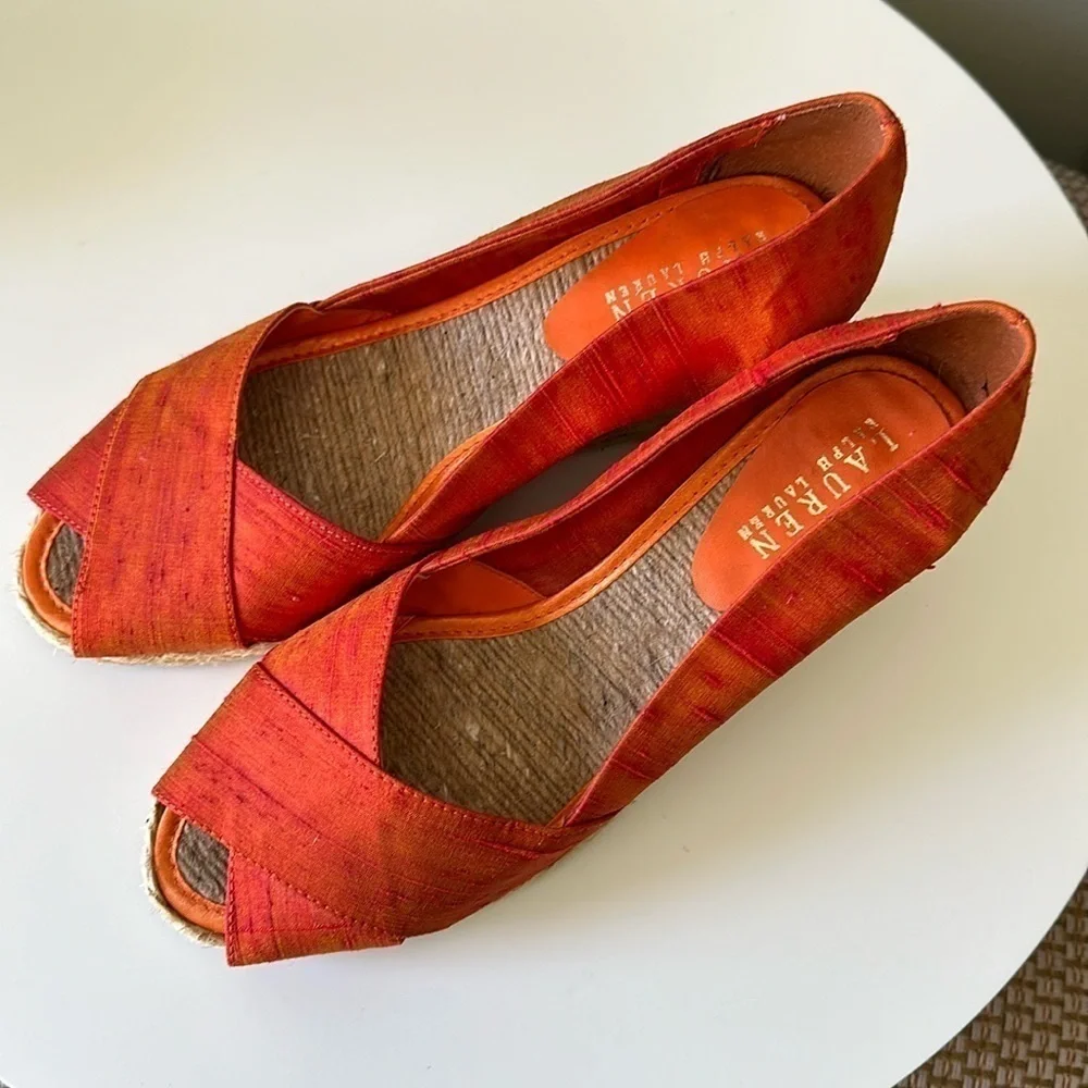 Lauren Ralph Lauren Silk Open Toe Espadrille Iridescent Orange & Gold Size 8.5